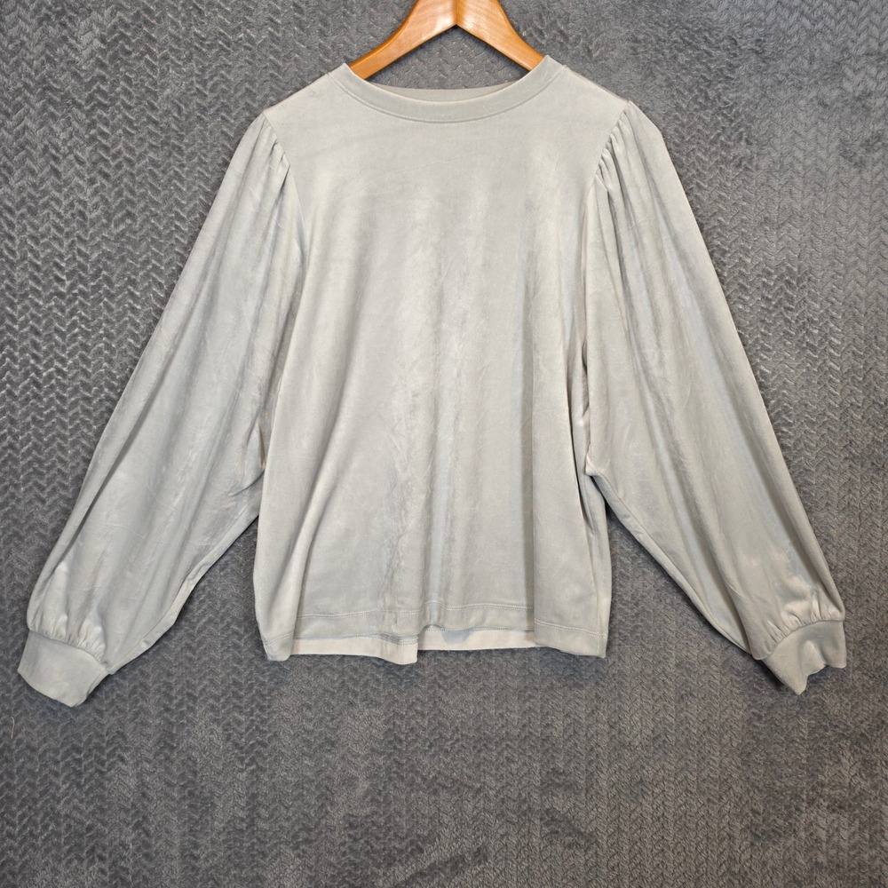 LOFT Womens Light Gray Velour Puff Sleeve Crew Neck Top Blouse Large RN140923